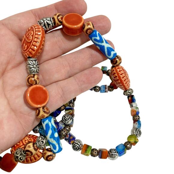Double Strand Beaded Necklace Colorful Glass & Ceramic Stone Beads Artisan Look - Picture 6 of 6